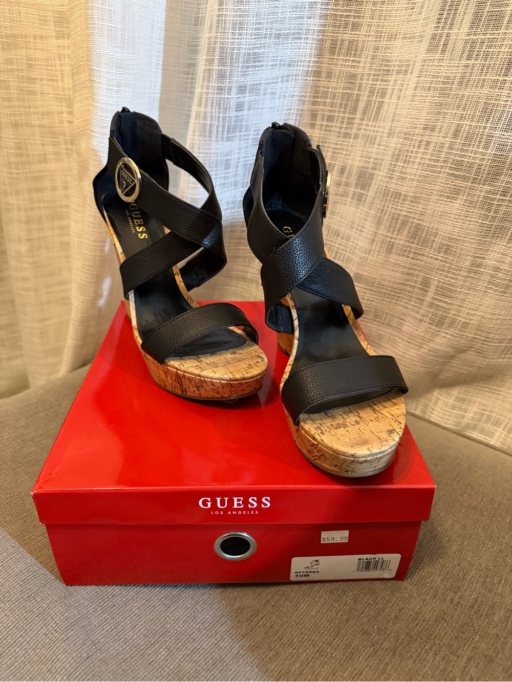 GUESS Black Cork-Platform Crisscross Ankle Wedge Sandals